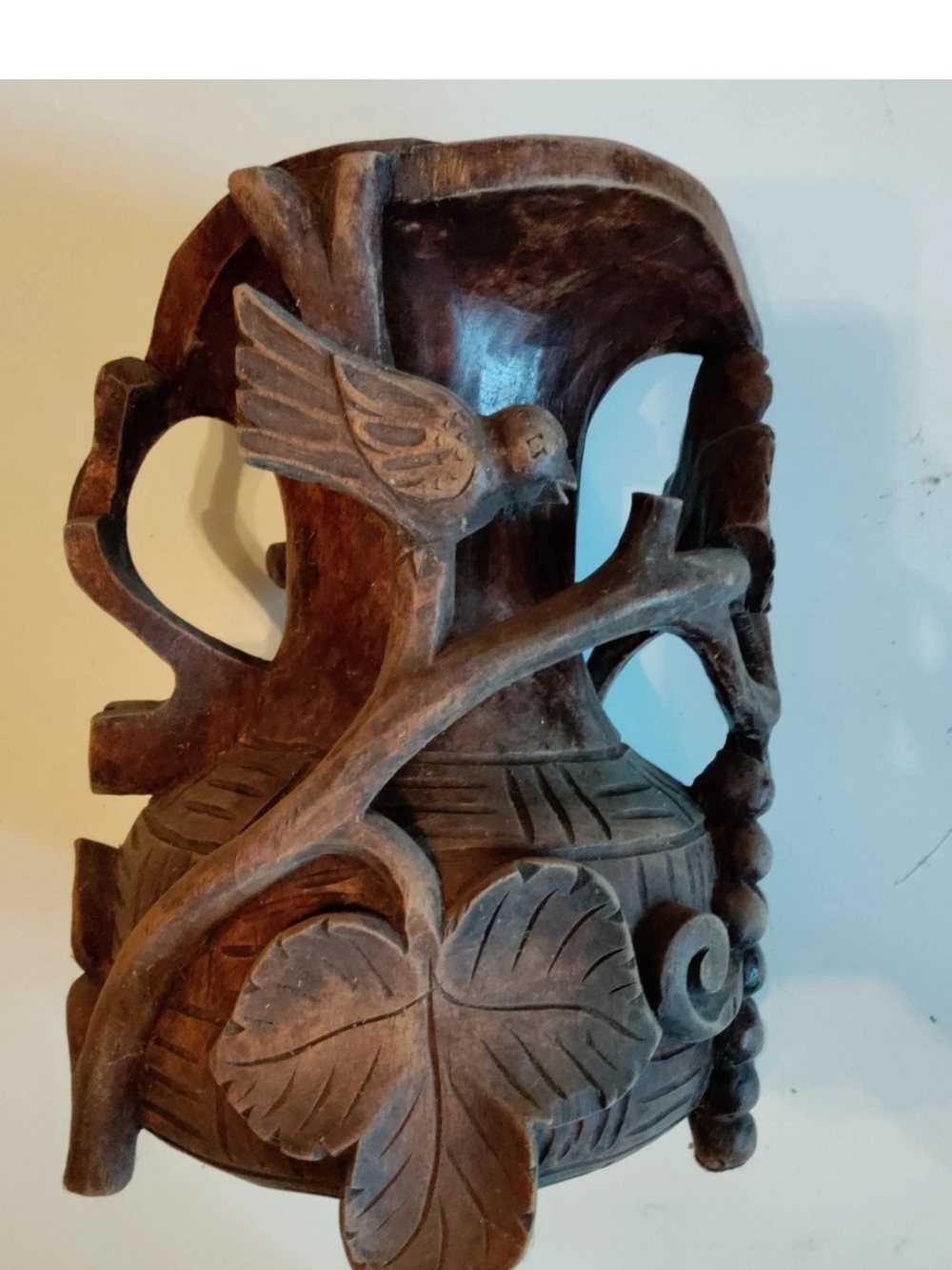 Hand-Carved Wooden Vase with Bird & Leaf Ecuador